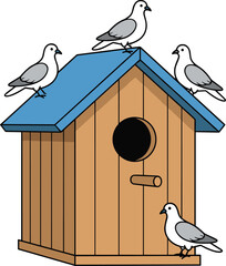 Cute birds sitting on wooden birdhouse illustration, multiple birds resting together, simple cartoon wildlife concept, isolated white background design