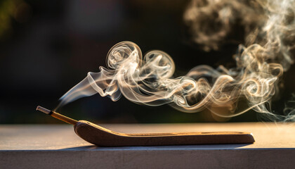 Incense stick burning, producing swirling smoke in natural sunlight.