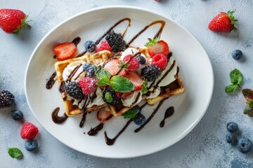 Plate of assorted fruit with chocolate sauce drizzled on top for dessert presentation