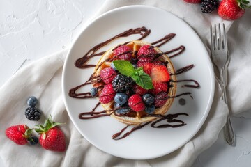Plate of pancakes topped with chocolate sauce and fresh berries for breakfast or dessert