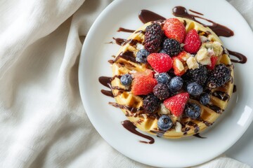 Plate of assorted fruit drizzled with chocolate sauce on a white background
