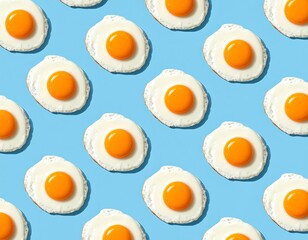 Pattern of fried eggs with bright orange yolks on a blue background