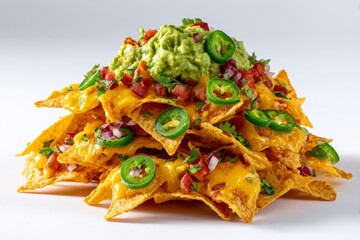 Plate of nachos topped with melted cheese jalapenos and guacamole on a wooden table