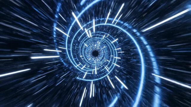 Futuristic seamless loop traveling through an endless tunnel defined by illuminated electric blue curved lines and white glowing trails electric, loop, network