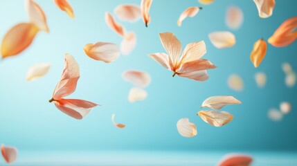 A collection of colorful flower petals floating gently through the air in natural light