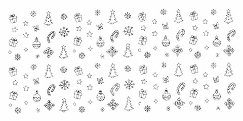 A festive pattern of christmas ornaments trees gifts and snowflakes