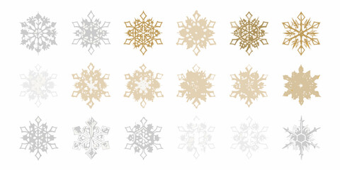 An arrangement of delicate snowflakes in varying shades of gold and silver