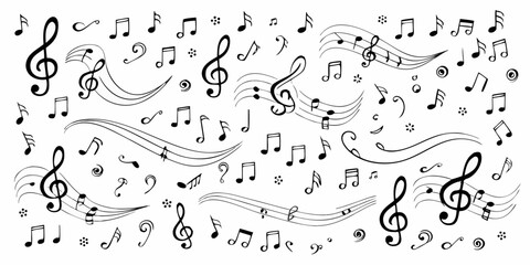 A black and white arrangement of musical notes and symbols on a white background © Bipul