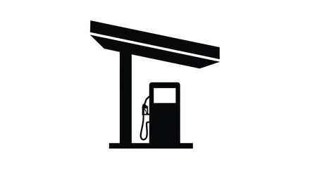 a black and white illustration depicting a gas station pump and canopy a minimalist silhouette