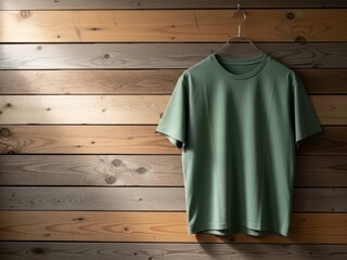 Olive green tshirt hanging on a wooden plank wall with natural light