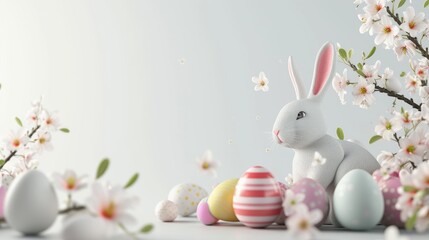White Easter bunny sits amongst pastel colored eggs and delicate spring blossoms.