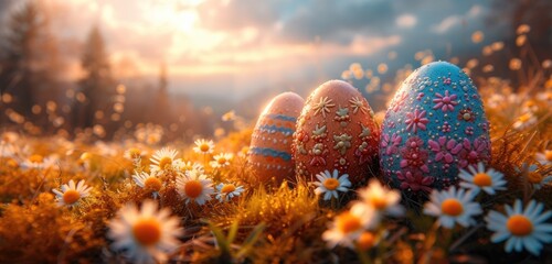 Three elaborately decorated Easter eggs sit nestled amongst vibrant daisies in a sunlit meadow.