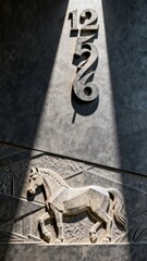 Art Deco-inspired stone relief featuring a horse and the number '1256' illuminated by sunlight.