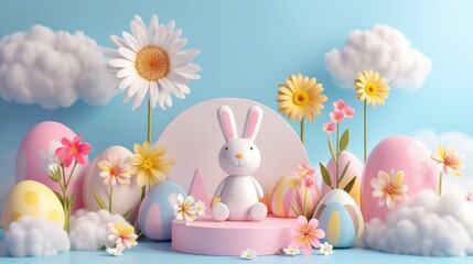 Easter bunny sits on a pink platform surrounded by pastel eggs, flowers, and fluffy clouds against a light blue background.