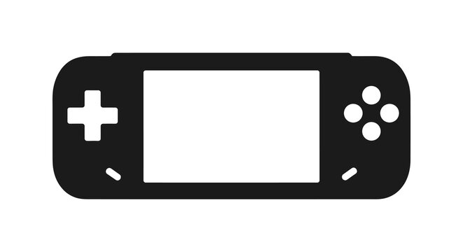 A sleek black handheld gaming console depicted as a striking minimalist silhouette