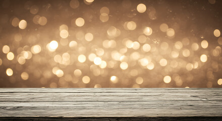 Golden bokeh lights shining on wooden surface