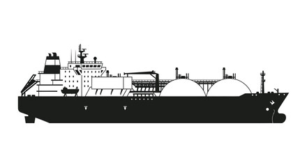 Detailed black and white illustration of a large oil tanker ship a striking silhouette