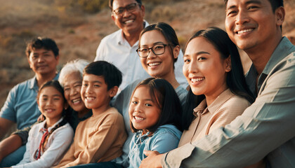 Fototapeta premium Group of multi-generational family members outdoors sharing joyful moments.