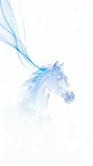 A graceful blue and white horse head with flowing mane depicted in an ethereal artistic style against a soft white background.