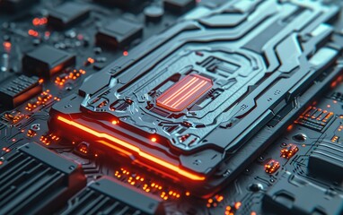 Futuristic Circuit Board With Illuminated Central Processor with Red Light LED