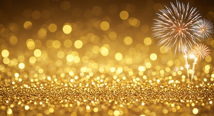 Celebratory fireworks over golden glitter background