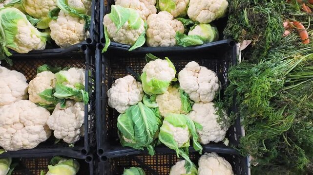 Fresh organic cauliflower heads abd carrots on display in a supermarket produce section. Close-up view of healthy vegetables in a black plastic crates.