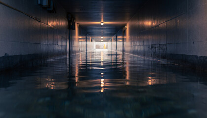 Underground water tunnel with illuminated end and reflective water surface.