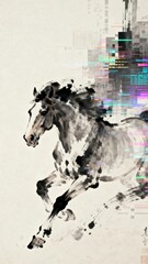 A dynamic ink painting of a galloping horse blending traditional brushwork with digital glitch effects for a modern artistic expression.