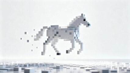 A pixelated white horse gallops dynamically across a minimalist abstract landscape with scattered digital fragments.
