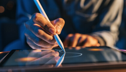Person drawing on a digital tablet with a stylus, close-up view.
