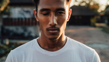 Young man with one eye closed, outdoors during sunset.