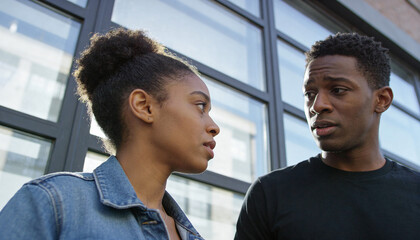 African American woman in denim jacket and man in black shirt engage in deep conversation outdoors, with modern architecture and large windows in the background