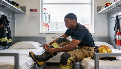 African American firefighter in uniform sits on a bunk, tying boots in a fire station dormitory, surrounded by gear and equipment, preparing for duty and showcasing dedication to service