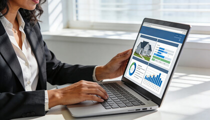 Businesswoman in a black suit using a laptop to analyze real estate data, showcasing graphs and charts on the screen, with bright natural light illuminating the workspace