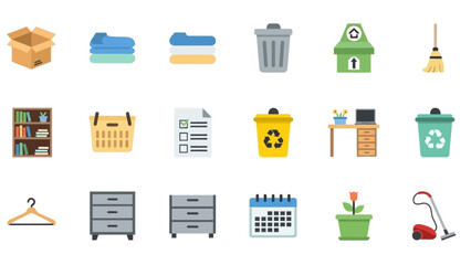 A collection of flat design icons depicting items for home organization, cleaning, storage, and office supplies.
