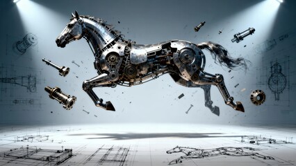 A dynamic mechanical horse leaps through a futuristic blueprint-laden space showcasing intricate robotic design and motion.