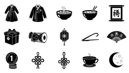 A collection of black and white icons representing various elements of Korean culture, including traditional clothing, food, symbols, and everyday objects.