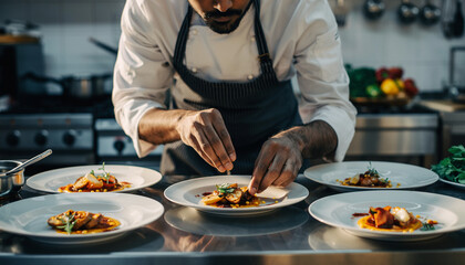 Chef carefully plates gourmet dishes in a professional kitchen.