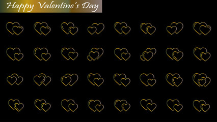 Collection of golden gradient double heart icons for Valentine's Day on a black background. 