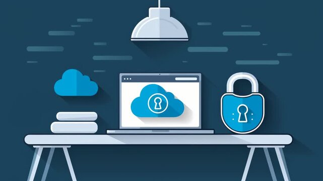 Cloud computing security concept featuring laptop on desk with cloud icon, padlock, books, and modern lamp, illustrating data protection, secure storage, and safe online workspace environment