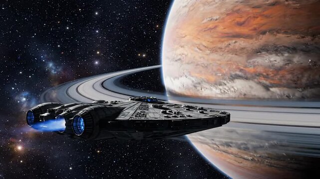 Spaceship flies past planet with rings and a textured surface, amidst a vast starry sky, emitting blue engine thrust