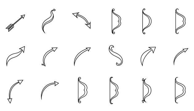 Collection of bow and arrow icons and outlines on a transparent background vector illustration.