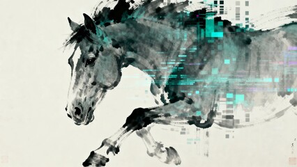A dynamic digital art piece featuring a galloping horse with glitch effects blending traditional brushwork with modern pixelated textures.