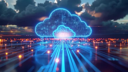 Cloud computing security concept with glowing digital cloud icon, binary code, futuristic network connections, illuminated circuit lines, and dramatic sky, illustrating data protection, technology - Powered by Adobe