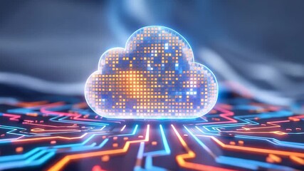 Glowing digital cloud on futuristic circuit board representing data flow and technology innovation - Powered by Adobe