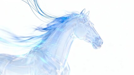 A translucent ethereal horse with flowing blue mane and tail gallops gracefully against a stark white background exuding a sense of motion and otherworldly beauty.
