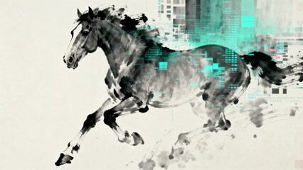 A dynamic black and white ink painting of a galloping horse accented with vibrant teal digital glitch effects against a minimalist background.