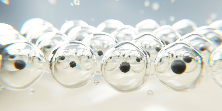 Transparent skincare molecule bubbles with nano particles floating in cosmetic serum liquid. Beauty science concept representing skin cells, hydration and collagen dermatology technology for luxury sk