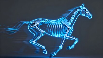A glowing blue skeletal representation of a horse in mid-gallop showcasing its dynamic anatomy against a dark background.
