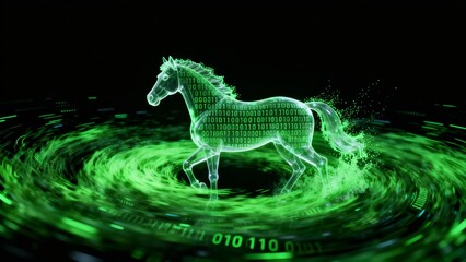 A digital horse composed of binary code emerges from a swirling green vortex symbolizing the intersection of technology and nature.
